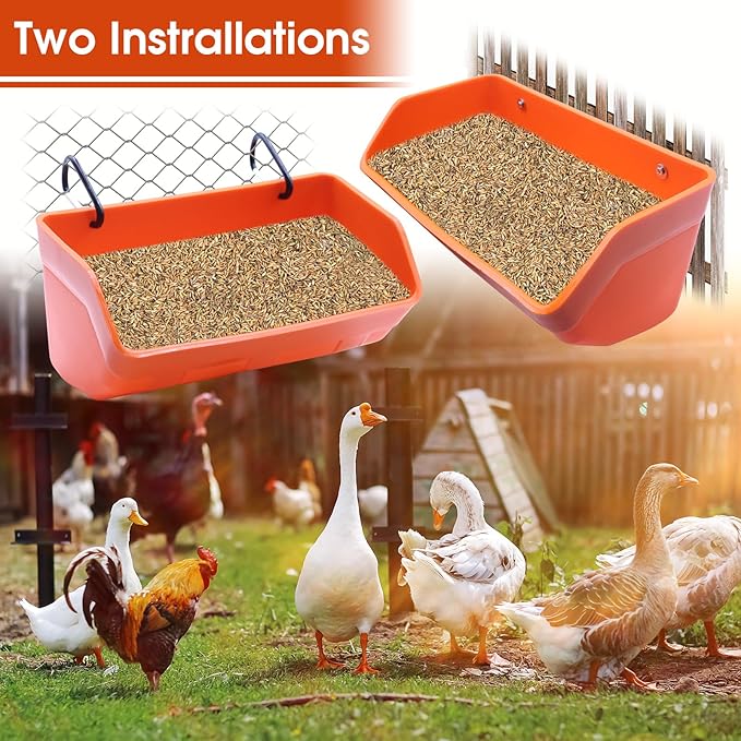 Fence Hanging Chicken Feeder - 4 Pack Feed Trough with Clips for Goat Duck Sheeple Horse Goose, Pig Poultry, Chicken Feeder Bucket Feeding Container for Livestock (Orange)