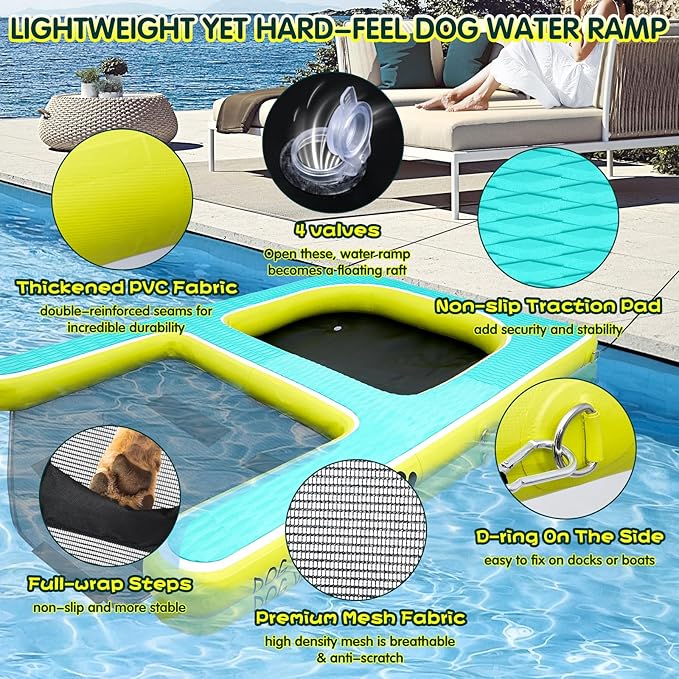 2 in 1 Dog Pool Float & Water Ramp,Upgrated Inflatable Dog Boat Ramp,63" Lx47 W Floating Dock for Medium Large Dog Up to 180LBS,Non-Slip(EVA) for Safety,High Stability,Ladder for Boat,Lake