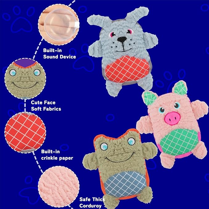 Crinkle Dog Toys Squeaky Plush No Stuffing Cute Puppy Stuffless Tough Rop Pull Toy, Fun Dog Stuffed Animals Durable Chew Set for Small Medium Large Pup (Large, Pink Pig+Green Frog+Blue Dog)
