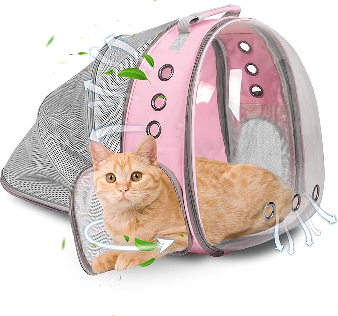 Cat Backpack Carrier Bubble Expandable Foldable Breathable Pet Carrier Dog Carrier Backpack for Large Big Cats Hiking, Travelling, Camping (Back Expandable-Pink)