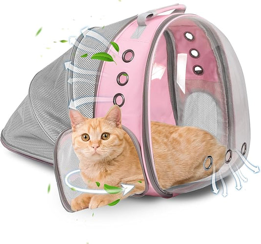 Cat Backpack Carrier Bubble Expandable Foldable Breathable Pet Carrier Dog Carrier Backpack for Large Big Cats Hiking, Travelling, Camping (Back Expandable-Pink)