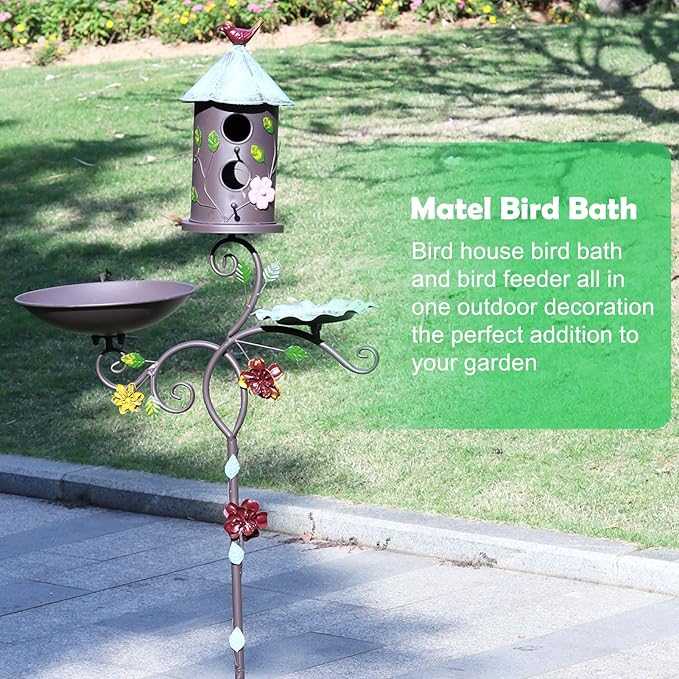 58" H Metal Bird Baths and Bird Houses for Outside with Pole,Birdhouses for Outdoors with Birdfeeder,3-in-1,Garden Yard Decor