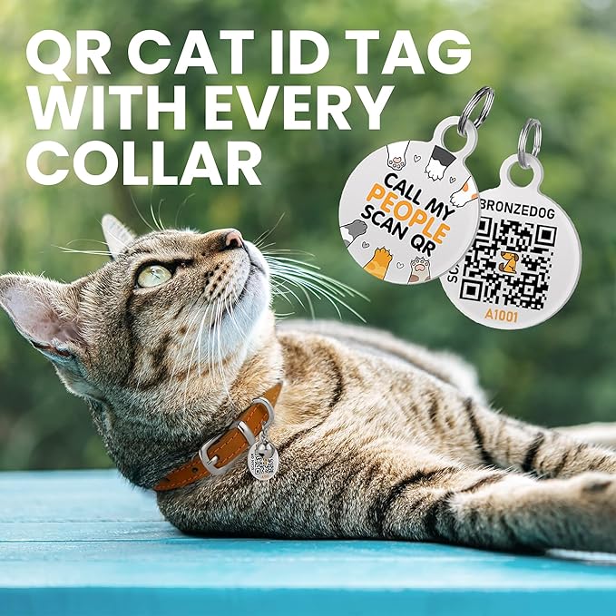 BRONZEDOG Leather Cat Collar with Removable Bells Non Breakaway Kitten QR Tag for Girl Boy (7" - 9" for Cats, Light Brown & Silver)