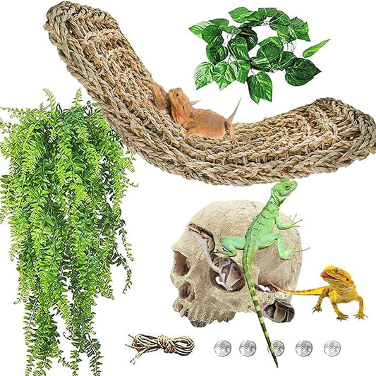 kathson Bearded Dragon Terrarium Skull Decoration, Reptile Tank Habitat Resin Human Skulls Hide Cave Hanging Vines Plants Accessories for Lizards Tortoise Chameleon Spider Reptiles Amphibians(4 PCS)