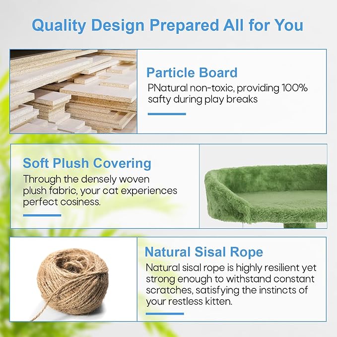 FDW Cat Tree 54in Cat Tower Multi-Level Durable Cat Scratching Post & Cozy Fun Cat Jumping Platform Space Saving Cat Condo Pet Play House for Indoor Cats,Green