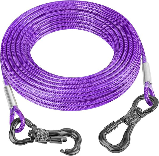 Tresbro 20FT Reflective Tie Out Cable for Dogs Up to 250 Pounds, Steel Wire Lead Leash Cable with Stainless Rotatable Buckle, Lightweight and Enduring, Dog Chains Outside for Outdoor, Yard, Purple