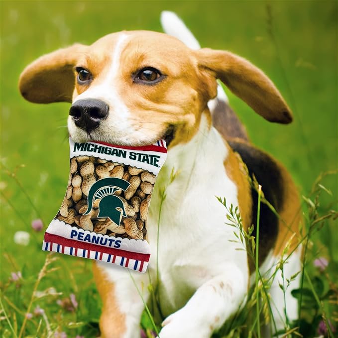 NCAA Michigan State Spartans Crinkle FINE Plush Dog & CAT Squeak Toy- Cutest Stadium Peanuts Snack Toy for Dogs & Cats with Inner Squeaker & Beautiful Football/Basketball Team Name/Logo