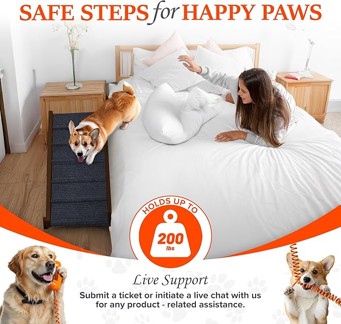 Adjustable Dog Ramp for Bed - Foldable Wooden Ramp for Dogs to Get on Bed, Couch, or Car - Ideal for Small, Medium, and Large Breeds (Walnut Wood with Grey Carpet) (Walnut Wood, Medium)