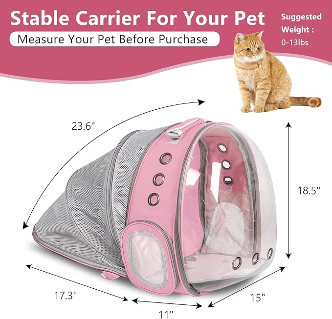 Cat Backpack Carrier Bubble Expandable Foldable Breathable Pet Carrier Dog Carrier Backpack for Large Big Cats Hiking, Travelling, Camping (Back Expandable-Pink)
