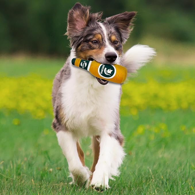 NCAA Michigan State Spartans Beer Bottle Plush Dog & CAT Squeak Toy- Cutest Stadium SODA Bottle Snack Plush Toy for Dogs & Cats with Inner Squeaker & Beautiful Football/Basketball Team Name/Logo