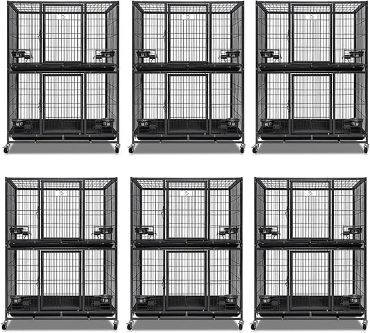 Homey Pet Two Tiers 37 Inch Dog Crate Cage Kennel with Feeding Door and Bowls, Lockable Wheels and Removable Tray, Escape Proof Metal Wire Heavy Duty Dog Crates for Medium/Small Sized Dogs (6 Pack)