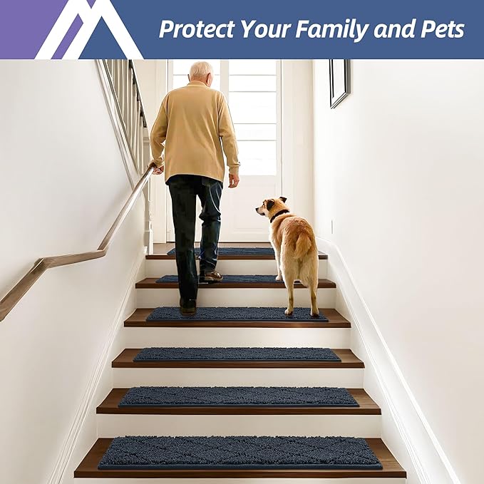 COSY HOMEER Edging Stair Treads Non-Slip Carpet Mat 28inX9in Indoor Stair Runners for Wooden Steps, Edging Stair Rugs for Kids and Dogs, 100% Polyester TPE Backing (10pc, Navy)