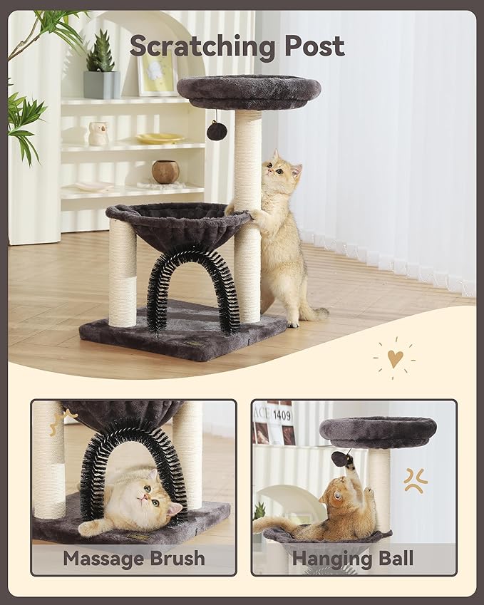 Simple Deluxe Small Cat Tree Tower for Indoor Cats, 5-in-1 27.8" Multi-Level Cat Tree with Scratching Posts, Plush Hammock, Perch, Self Groomer Brush, Dangling Ball for Kittens/Small Cats Play&Rest