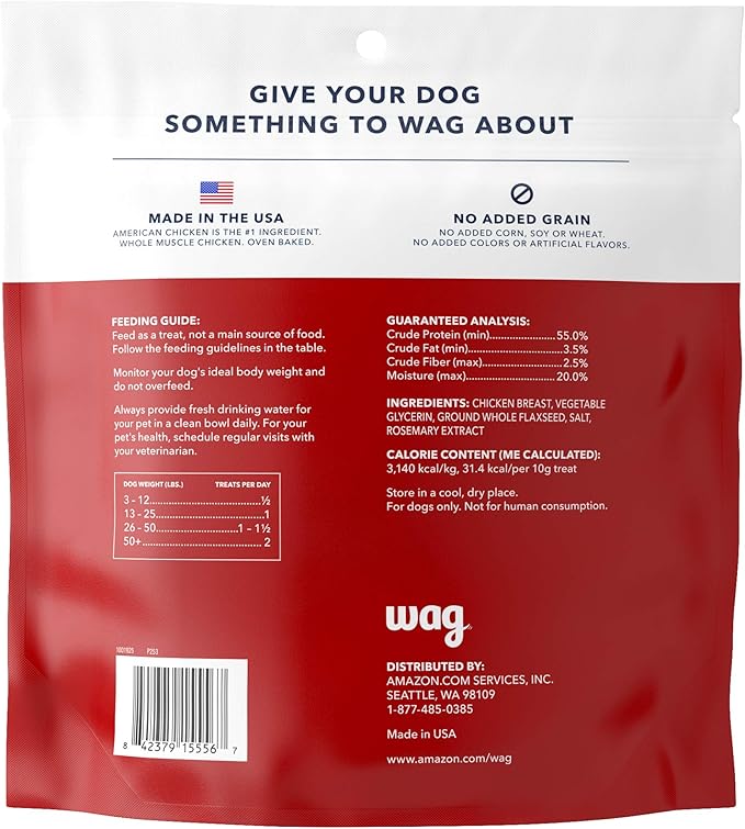 Amazon Brand – Wag Chewy Whole Muscle American Jerky Dog Treats – Chicken & Flaxseed (1 lb), Grain Free (Pack of 2)