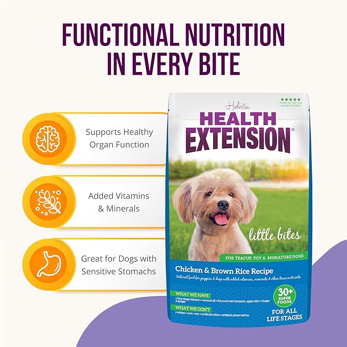 Health Extension Little Bites Dry Dog Food for Small Breeds, Chicken & Brown Rice Recipe, with Probiotics & Superfoods for Digestion & Coat Health, 18 lb Bag (Pack of 1)