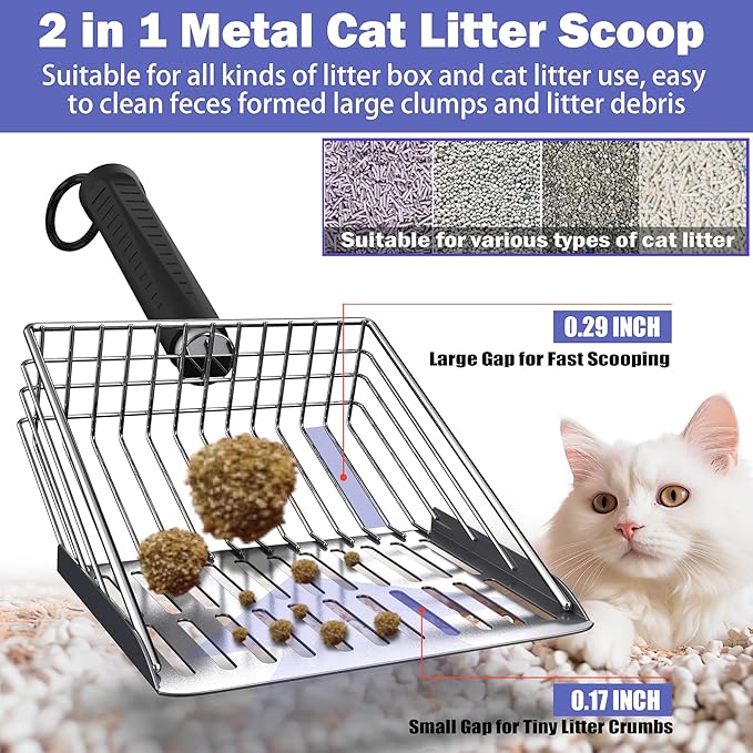 metal Cat Litter Scooper Kit - Durable large steel litter scoop with Dual Grid, Includes Broom & Dustpan for Quick, Easy Cleaning