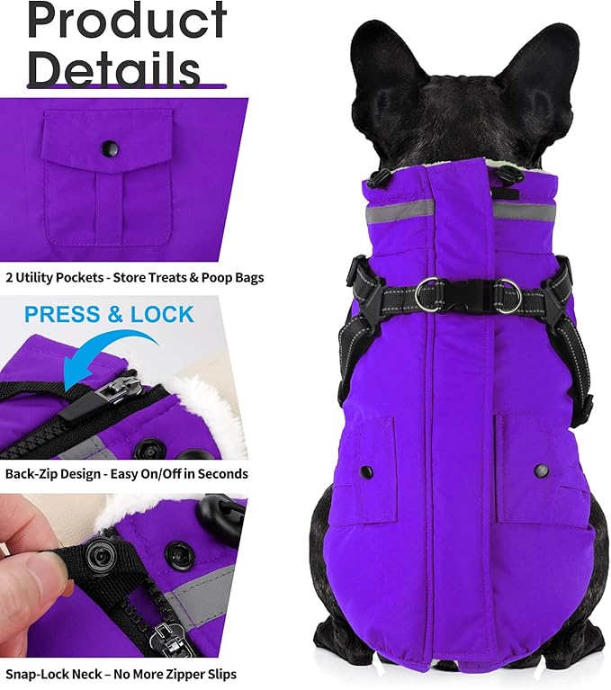 Dogcheer Dog Coat with Harness, Waterproof Dog Jacket Christmas Puppy Winter Coat with Pockets, Reflective Doggy Winter Jacket Soft Pet Snow Jacket for Small Medium Large Dogs - Purple, 3XL