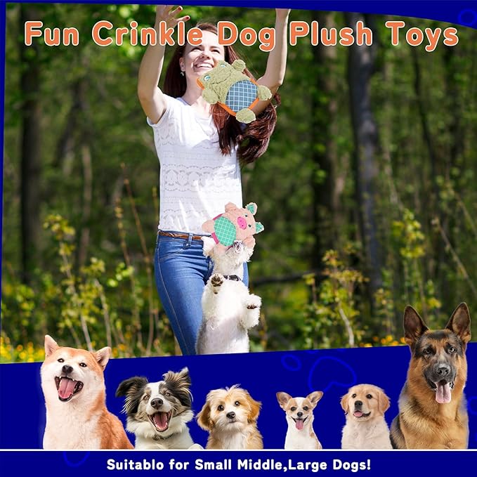 Crinkle Dog Toys Squeaky Plush No Stuffing Cute Puppy Stuffless Tough Rop Pull Toy, Fun Dog Stuffed Animals Durable Chew Set for Small Medium Large Pup (Large, Pink Pig+Green Frog)