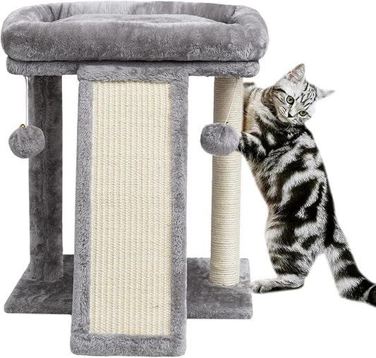 SYANDLVY Small Cat Tree with Scratching Post, Cat Scratching Board for Adults, Cat Post Scratcher for Indoor Cats, 2 Dangling Balls Great for Kittens (Light Grey)