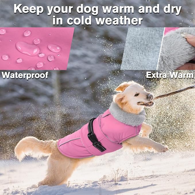 Lelepet Warm Dog Coat Reflective Fleece Vest Waterproof Dog Jacket with Adjustable Buckle Hook & Loop Windproof Cold Weather Coats for Small Medium Large Dogs, Pink, L