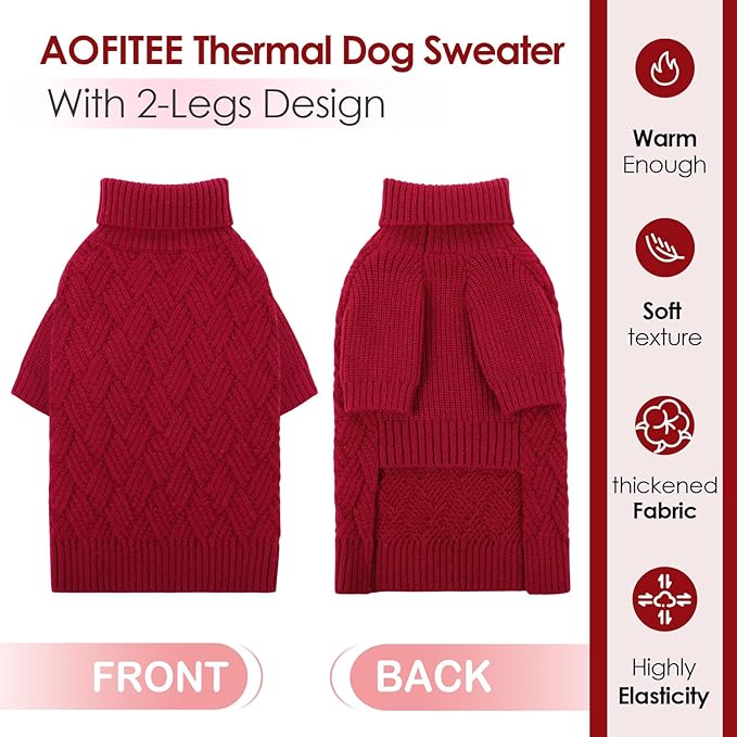 AOFITEE Dog Sweater, Turtleneck Dog Sweaters for Small Dogs Female, Dogs Winter Sweaters Girl Boy, Small Pet Christmas Sweater, Classic Cable Holiday Knitwear for Pug Dachshund (Red, S)