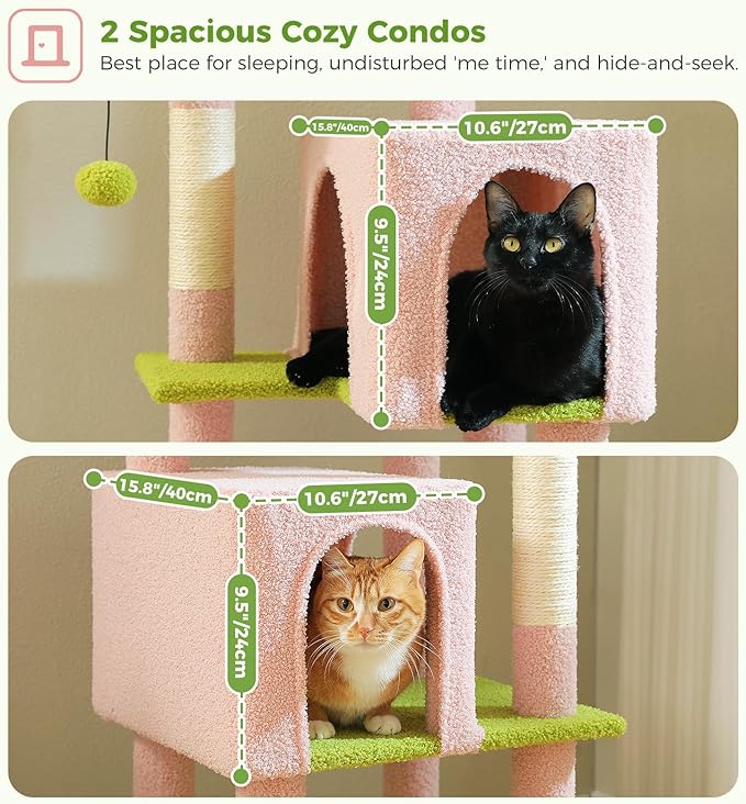 PAWZ Road Pink Flower Cat Tree Tower 62 Inches Cat Tree with 2 Condos,2 Flower Perches,4 Scratching Posts & 1 Scratching Board, and 2 Hanging Balls for Indoor Cats