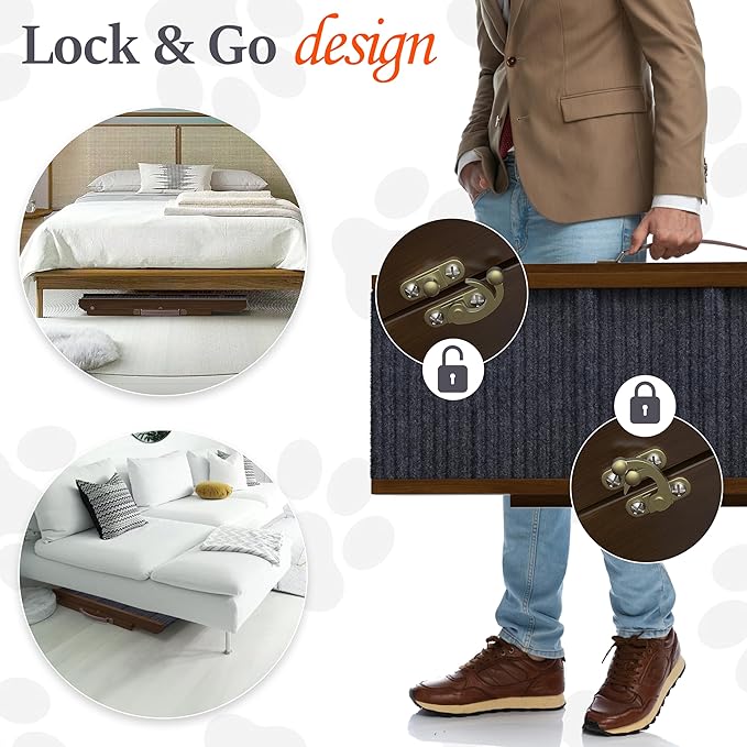 Adjustable Dog Ramp for Bed - Foldable Wooden Ramp for Dogs to Get on Bed, Couch, or Car - Ideal for Small and Medium Breeds (Walnut Wood with Grey Carpet)