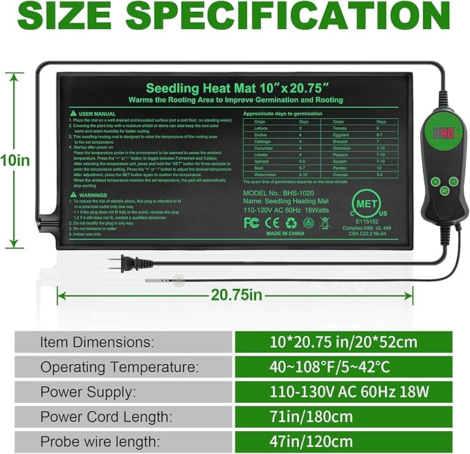 Seedling Heat Mat with Built-in Temperature Controller (2 Pack), 10" x 20.75" Plant Heating Pad with Thermostat for Indoor Seed Starting Germination Hydroponics Waterproof