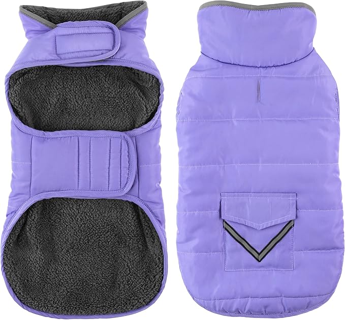 Dog Coat, Waterproof Dog Winter Jacket with Pocket, Reflective Adjustable Pet Snow Vest, Warm Cozy Fleece Sweater for Small Medium Extra Large Dogs - Light Purple, L