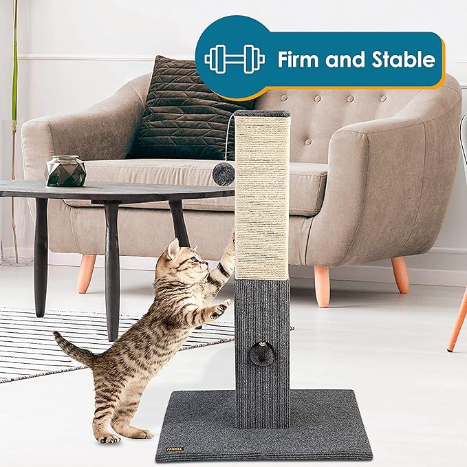 PAWBEE Cat Scratching Post - Tall 32” Sisal Rope Cat Scratch Post + Jingle Bell & Softball - Playful, Quality, & Sturdy - Scratcher Pole Tower - Scratching Posts for Indoor Cats Adults Large Cats