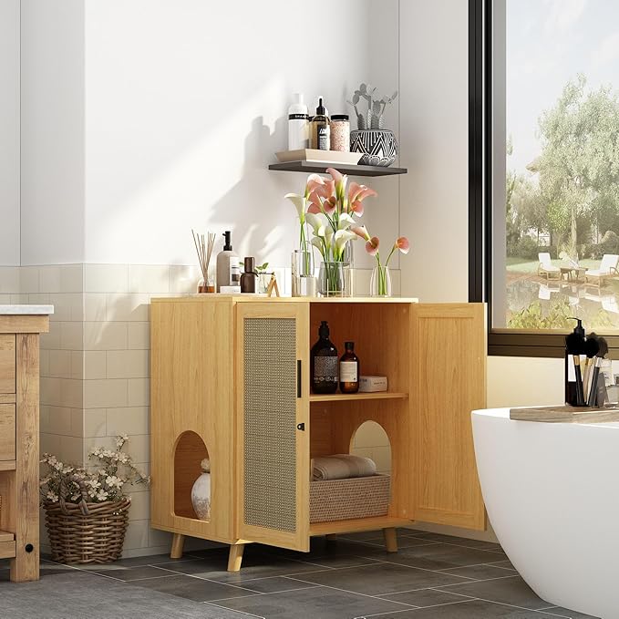 Lovinouse Large Cat Litter Box Enclosure,Hidden Kitty Litter Furniture with Sisal Covered Doors,2-Layer Wooden Cat Washroom Cabinet w/Adjustable Shelf,Side Table for Living Room,Natural