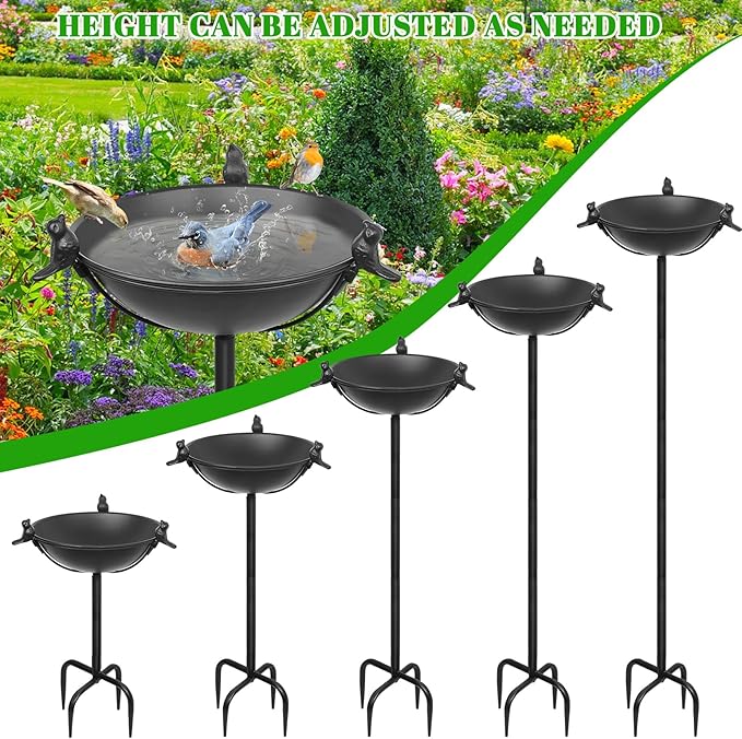 58In Freestanding Birdbaths Bowl Outdoor, Standing Garden Bird Bath Feeder Bowl with 3 Bird Statues, Birdbath & Birdfeeder with Metal Stake Garden Yard Lawn Decor (Black)
