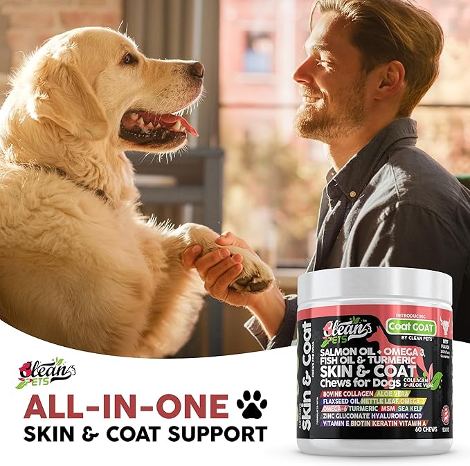 Salmon Oil Omega 3 Fish Oil for Dogs Skin and Coat Supplement | Dog Collagen Aloe Vera Biotin Keratin Flaxseed Nettle Leaf Sea Kelp Hyaluronic Acid Brewers Yeast Vitamin A - Coat Goat