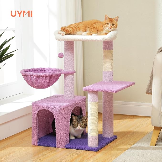 Cat Tree for Indoor Cats with Metal Frame Carpet Hammock, 32" Cute Cat Tower with Cozy Condo, Top Perch, Scratching Posts, and Replaceable Ball Toy, Pet Furniture for Small Cats & Kittens, Purple