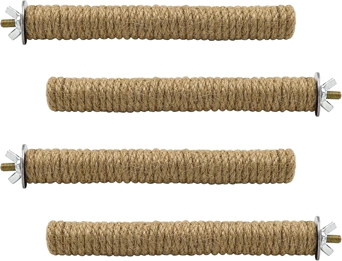 4 PCS 7x0.9in Rope Bird Perch Parrot Stand Cage Accessories Natural Wooden Stick Paw Grinding Rope-surfaced Chew Toy Standing Rod for Exercise Training Branches (Rope-7x0.9in-4p)