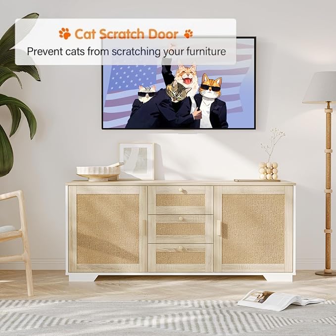 Cat Litter Box Enclosure Furniture Hidden Indoor 2-in-1 Wooden Cat & Washroom Cabinet with Scratching Board Doors and 3 Drawer for 2 Cats, 55"x20"x24"H