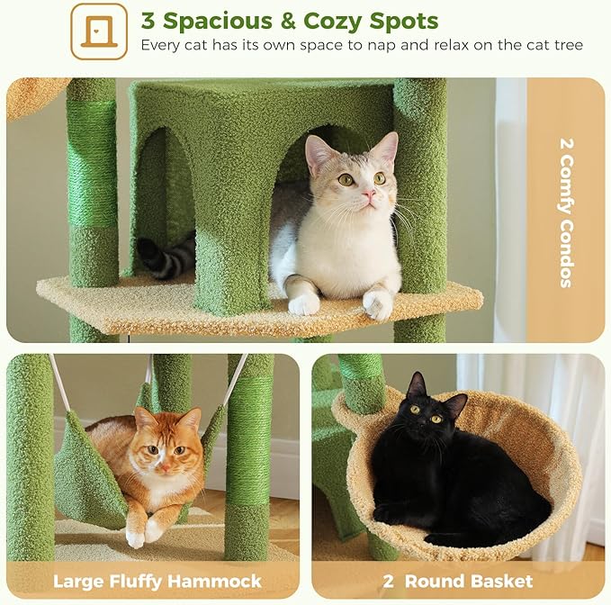 Tall Cactus Cat Tree for Indoor Cats Large Adult, 71.2" Multi-Level Cat Tower with 2 Spacious Condos, 3 Hammocks, Super Large Top Perch, 2 Pompoms, Green