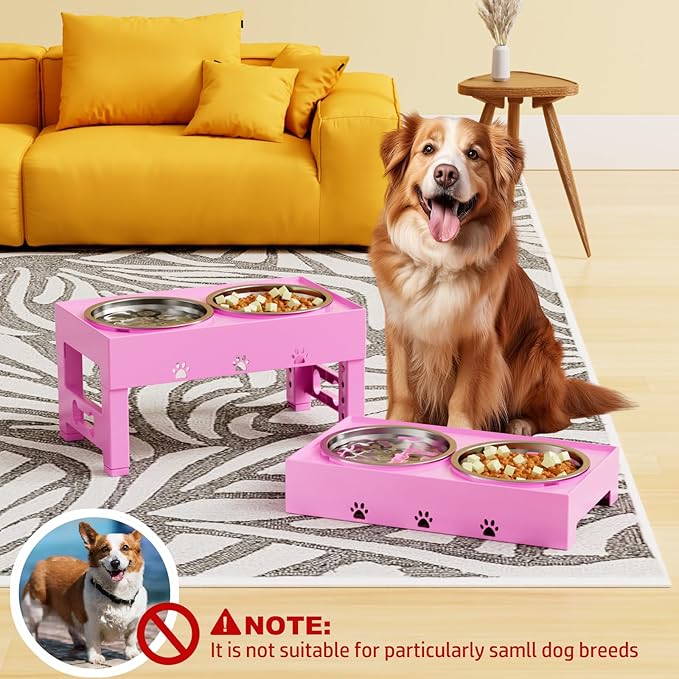 Elevated Dog Bowls with Mat, Raised Dog Food Bowl Stand with 2 Stainless Steel Bowls, 5 Height Adjustable (3.1", 9", 10", 11", 12") Non-Slip Feeder Set for Medium and Large Dogs – Pink
