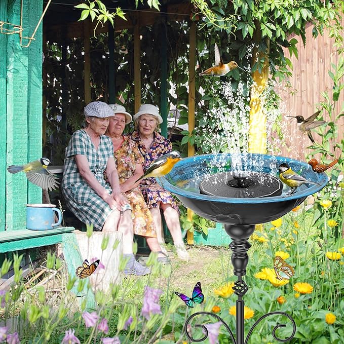 35.4" Tall Bird Bath for Outside, Vintage Metal Birdbaths Bowl with 5 Prong Bases for Outdoors, Freestanding Birdfeeder with Hummingbird Carving for Garden Yard Lawn Decor (Retro Blue)