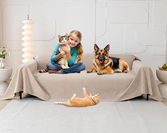 Cat Scratch Furniture Protector - Anti-Slip, Waterproof Sofa Cover to Keep Cats Off, Pet-Friendly Couch Protectors for 3 Cushion Couch, Khaki Anti-Scratch Couch Cover for Pets and Kids 150"X71"