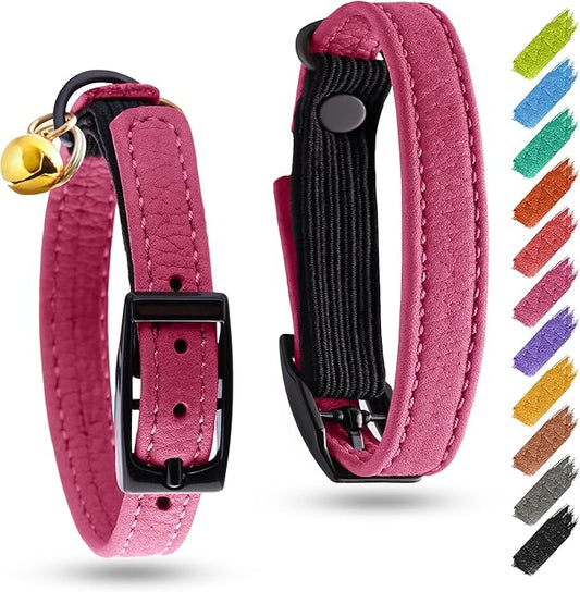 Leather Cat Collar with Bell & Elastic Strap - Pet Collar Leather - Leather Kitten Collar - Cats Small and Big Cat Collar for Boy Cats, Girl Cats with Safety Elastic Strap (Pink, 6" - 8")