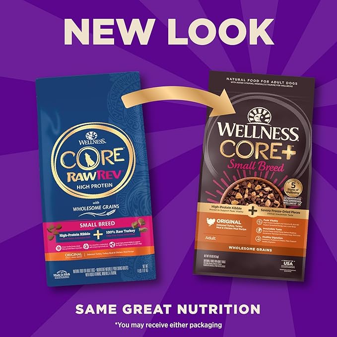 Wellness CORE+ (Formerly RawRev) Grained Dry Dog Food, Small Breed Original Turkey & Chicken with Freeze Dried Turkey, 10 Pound Bag