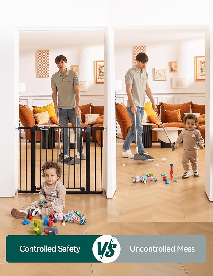 Babelio 29-43" Magnetic Baby Gate for Stairs,Doorways House,Kitchen,30" Tall Pet Barrier with Baffles,Pressure Mounted & Dual-Lock Design Safety for Kids Toddler,Auto-Close/Hold-Open,Black