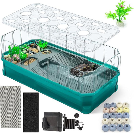 25.6×13×9.4'' Turtle Aquarium Turtle Tank with Filter-Rain Shower SPA Experience, Water Changes, and Ample Space for Activities-Suitable for Tortoises, Turtles, Hermit Crabs