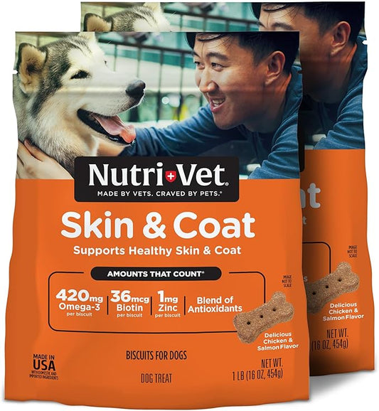 Nutri-Vet Skin & Coat Biscuits for Dogs, Dog Skin and Coat Supplement, Functional Treat, Small Sized Biscuit, Omega-3 and Biotin, 16 oz (Pack of 2)