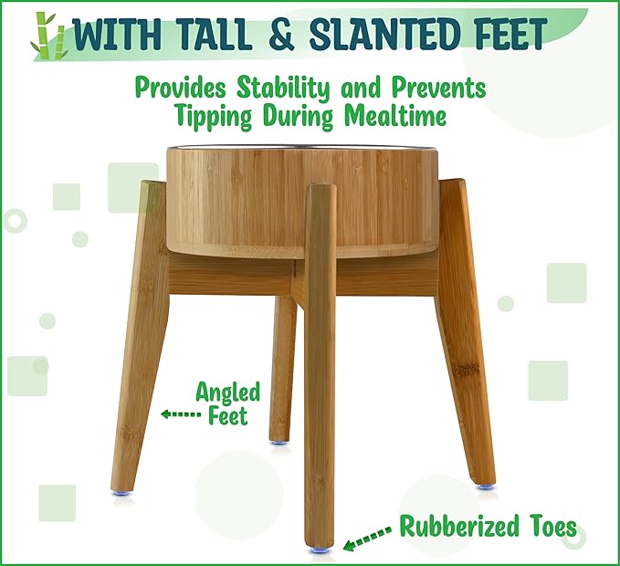 Elevated Dog Bowls Large Breed - (15-Inch, 74-oz Cap) - Raised Single Dog Food Station, Suitable for Dry/Wet Pet Foods, Deter Ants/Bugs - Bamboo with Stainless Dish and Tall Stand