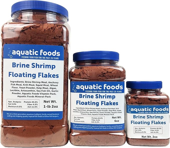 Aquatic Foods Inc. Brine Shrimp Flakes for All Freshwater Fish, All Marine Fish, Tangs, Butterflies, Angelfish, Anthias, Clown Fish Also Pellet Mix, Wafer Mix Included…1-lb 2oz