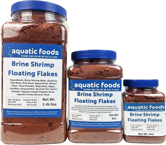 Aquatic Foods Inc. Brine Shrimp Flakes for All Freshwater Fish, All Marine Fish, Tangs, Butterflies, Angelfish, Anthias, Clown Fish Also Pellet Mix, Wafer Mix Included…1-lb 2oz