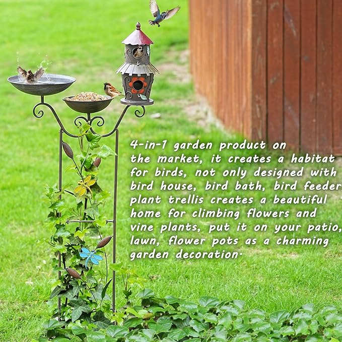 52.4" H Metal Bird Bath with Trellis for Outdoor,Bird Feeder and Metal Bird Houses,Garden Plant Support,4-in-1,Doubles As The Climbing Plant,Garden Yard Decor