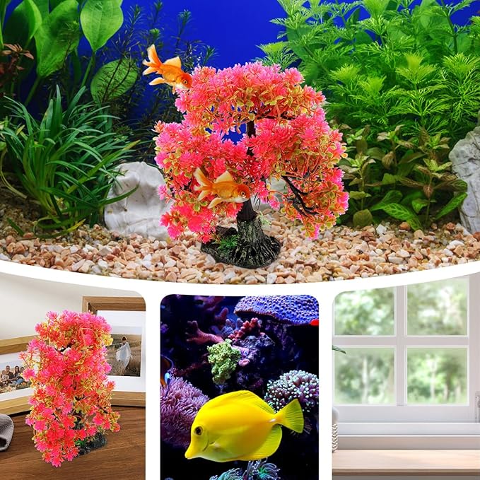 Fish Tank Plants Artificial Aquatic Plant Fish Tank Decorations Betta Accessories Aquarium Bonsai Tree with Base,10.23 X 10.23 X 2.16 Inches